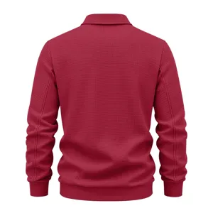 Men burgundy waffle knit lapel zip jacket back view detail showcasing textured fabric.