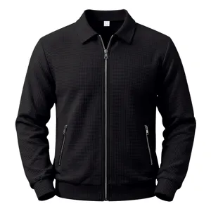 Men's black waffle knit lapel zip jacket casual outdoor sports motorcycle coat apparel style