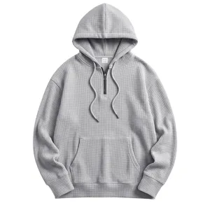 Mens grey waffle half zip hoodie detail view, comfortable pullover sweatshirt closeup.