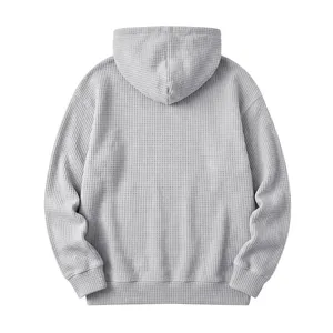 Men's waffle knit hoodie back view detail, casual light grey hooded sweatshirt.