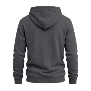 Men's casual loose waffle knit hooded sweatshirt in solid dark grey color for autumn.