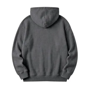 Men's dark gray waffle knit hoodie casual hooded sweatshirt with textured fabric design.