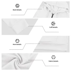 Men's white waffle knit half zip hoodie detail view showcasing collar cuff and hem texture.