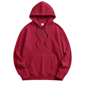 Men's waffle quarter-zip hoodie with kangaroo pocket casual pullover top wine red.