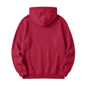 Men red waffle knit hoodie back detail, casual long sleeve hooded sweatshirt texture view