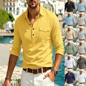 Chemise en Lin Décontractée pour Hommes Manches Longues Poche Col à Revers Pull Style Polo Couleur Unie Respirant Tissé Top pour Plage Vacances Quotidien