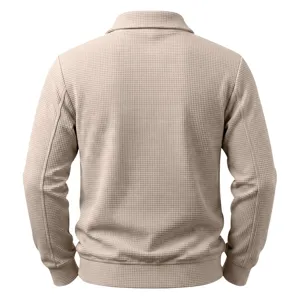 Men's waffle knit zip-up jacket casual lapel long sleeve outerwear back view detail.