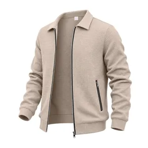 Men's waffle knit zip-up jacket with lapel collar and side pockets in beige color detail view.