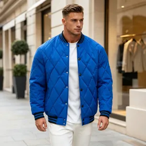 Men's Diamond Quilted Baseball Jacket Warm Thickened Polyester Padded Outerwear Casual Snap Button Ribbed Trim Varsity Jacket For Men
