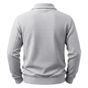 Detailed back view of men's grey waffle knit zip jacket with lapel collar and texture design.