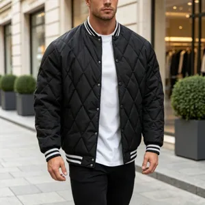 Men's Black Quilted Bomber Jacket Casual Thicker Warm Outerwear Fashion Streetwear Style