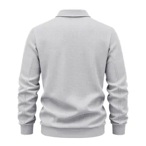 Back detail view of men's light grey waffle knit jacket showing texture and collar design.