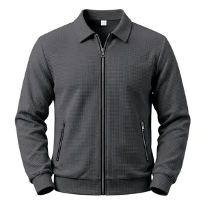 Men dark grey waffle knit lapel zip jacket casual outdoor sports streetwear top detail view