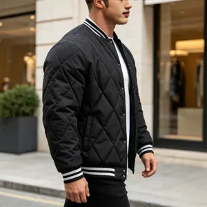 Men quilted bomber jacket casual streetwear stylish outerwear winter coat black baseball uniform