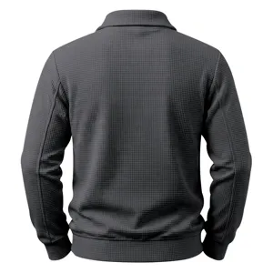 Men dark grey waffle knit jacket back view, casual outdoor zipper cardigan apparel detail.
