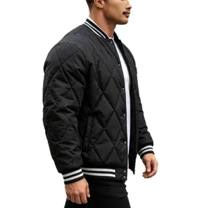 Men's Black Quilted Bomber Jacket Casual Fashion Winter Outerwear Side View Display