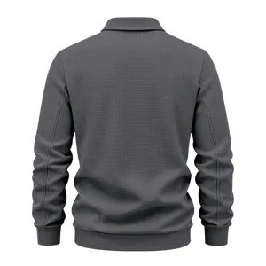 Back view details of dark grey waffle knit jacket, textured fabric, stylish lapel collar.