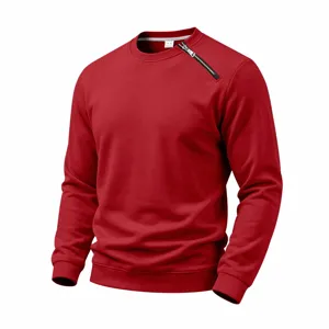 Herren Roter Casual Fleece Pullover Langarm Rundhalsausschnitt Diagonaler Reißverschluss