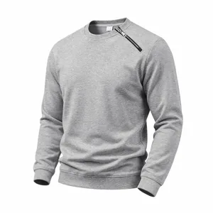 Herren lässiger grauer Rundhals-Pullover mit stilvollem diagonalen Reißverschluss Herbst.