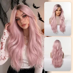 Women Long Wavy Ombre Wig Heat Resistant Synthetic Fiber Wig For Cosplay Halloween Party Simulated Scalp Full Head Cover