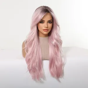 Detailed view of the European style gradient pink long curly wig synthetic hair for cosplay party.