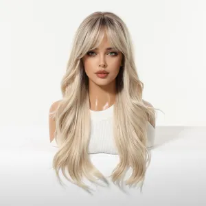 Long wavy synthetic cosplay wig with bangs and gradient color for parties and daily wear.