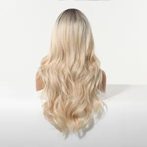 Detailed back view of the long wavy blonde gradient wig showing texture and dark roots styling.