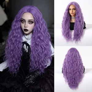 Purple long curly synthetic hair wig detail showing wavy texture and scalp simulation.