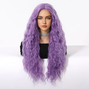 Close-up detail of the purple long wavy synthetic wig featuring a realistic scalp design.