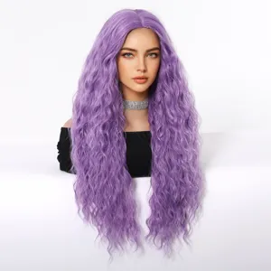 Purple long curly wig for cosplay party events, synthetic high temperature hair full cap.