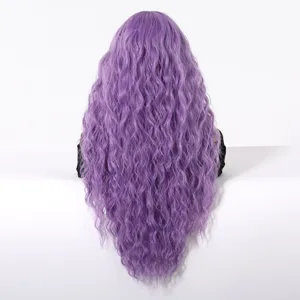 Purple long curly wig back detail view, synthetic hair for cosplay and party wear.