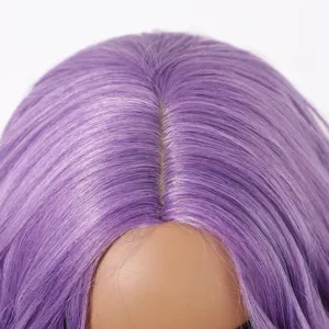 Purple wig detail shot showing simulated scalp and soft hair fibers for cosplay and party use.