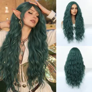 Long dark green wavy wig synthetic hair costume wig for cosplay party and daily wear 80cm