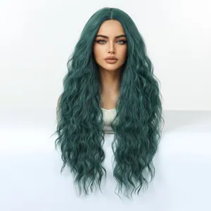 Long wavy green wig synthetic cosplay party hair extension heat resistant full cap wig soft