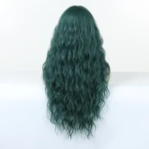 Long curly dark green wig back view detail showing voluminous waves for cosplay parties and events.