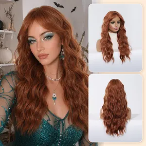 Long wavy ginger synthetic wig detail view showing texture, volume, and natural scalp appearance.