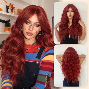 Long red wavy synthetic wig for cosplay, costume parties, and daily fashion wear.