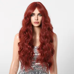 Long wavy red synthetic wig with natural scalp design for cosplay, party, and daily use.