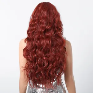 Long curly red synthetic wig detail, heat resistant fiber hair for cosplay and party styles.
