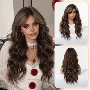 Detailed view of long wavy cosplay wig with realistic scalp and gradient hair for party.