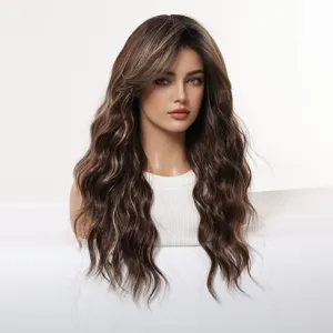 Long wavy synthetic wig detail shot, natural highlights and realistic scalp for daily wear.