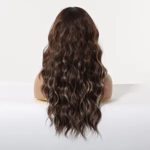 Long wavy wig detail view showing brown highlighted hair texture and natural styling layers.