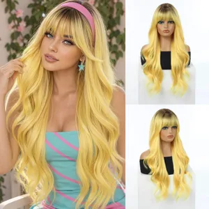 Long wavy synthetic blonde wig with bangs, natural scalp design for cosplay and party daily use.