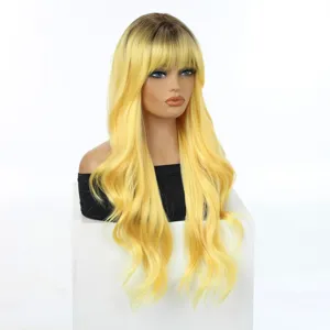 Detailed close-up view of the blonde gradient long curly wig with bangs on a mannequin.