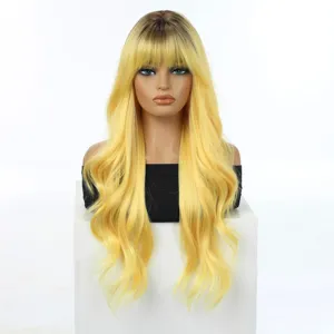 Detailed view of long wavy blonde wig with bangs on mannequin, soft texture and natural look