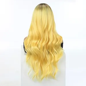 Detailed back view of long wavy blonde gradient wig on display stand, smooth texture.