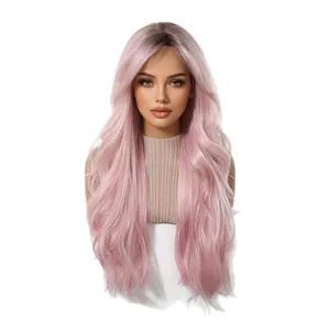 European style gradient pink long curly wig synthetic hair full cap for cosplay party.