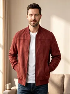 Nahaufnahme der Herren Wildleder Bomberjacke mit feiner Textur, Stehkragen und Reißverschluss.