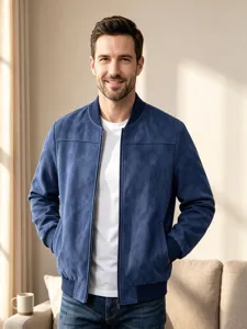 Herren blaue Wildlederoptik Bomberjacke Freizeitoberbekleidung mit Reissverschluss Herbst