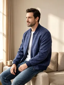 Detailansicht einer blauen Wildleder-Bomberjacke für Herren mit Stehkragen und Reißverschluss.